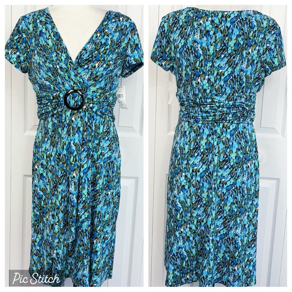 NWT Studio I Turquoise Blue Multi Print Ruched Empire Waist Dress 12